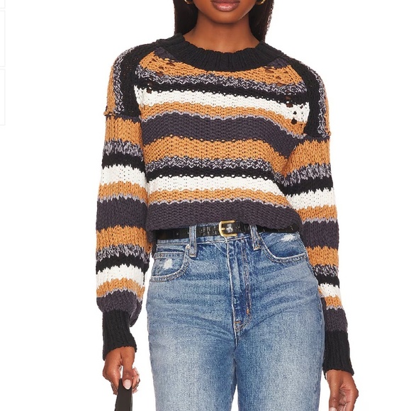 Free People Open Knit Devon Sweater in Sunflower Seed Combo Size Large - Picture 1 of 11